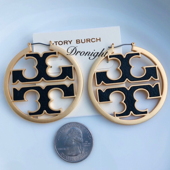 Tory Burch Jewelry - Tory Burch black gold miller hoop earrings